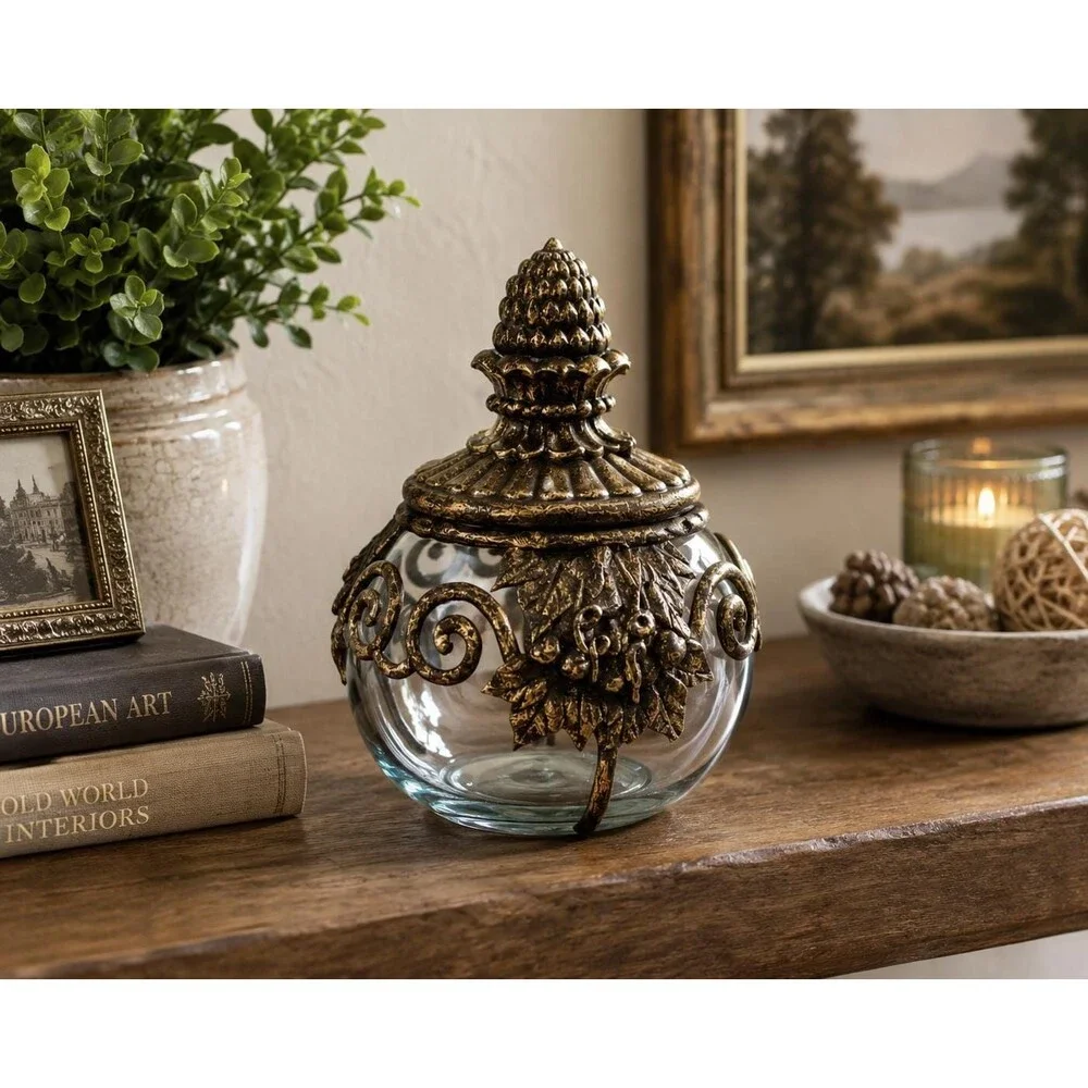 Ornate Gold Grapevine Glass Jar with Lid – Made in Philippines